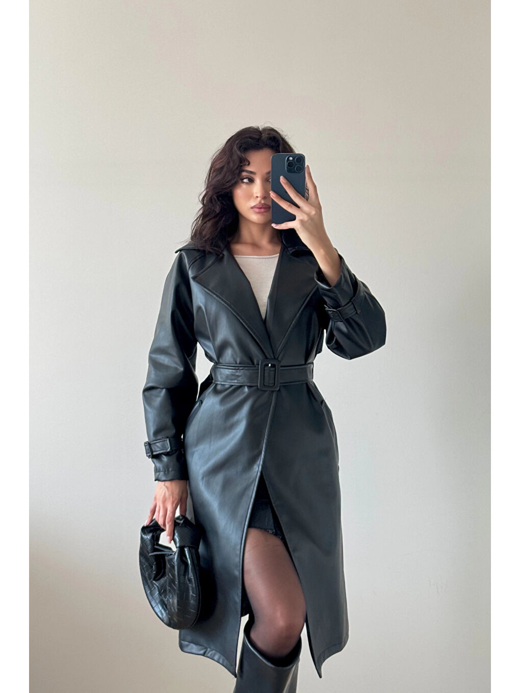 Kadın Siyah Deri Trenç 1041-6056