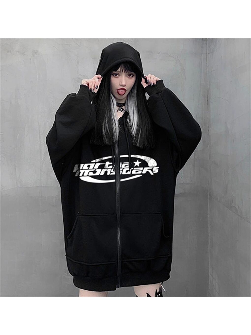 Touz Moda Siyah Partie Monsters Baskılı Oversize Fermuarlı Siyah Unisex Kapüşonlu Hırka