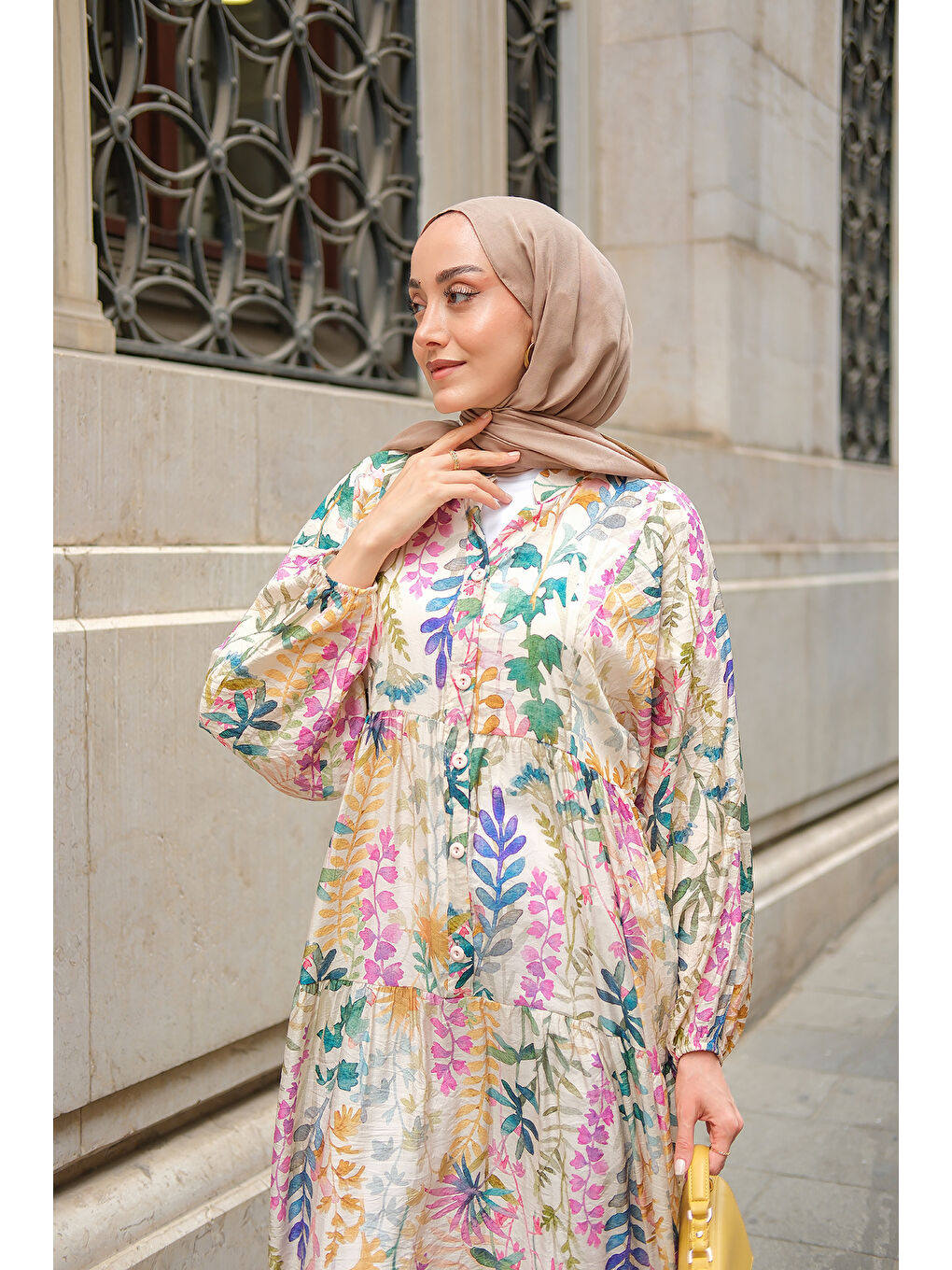 Ekru Kadın Yaprak Desenli Elbise Krem-1