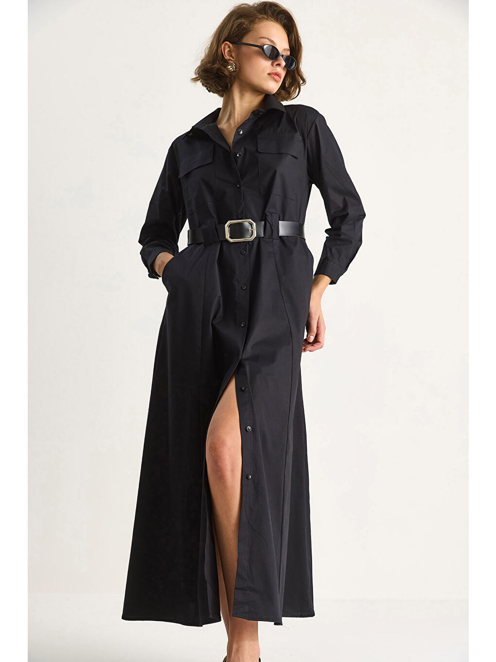 Siyah Kadın Düğme Kapamalı Cep Detaylı Kemerli Gömlek Elbise-3