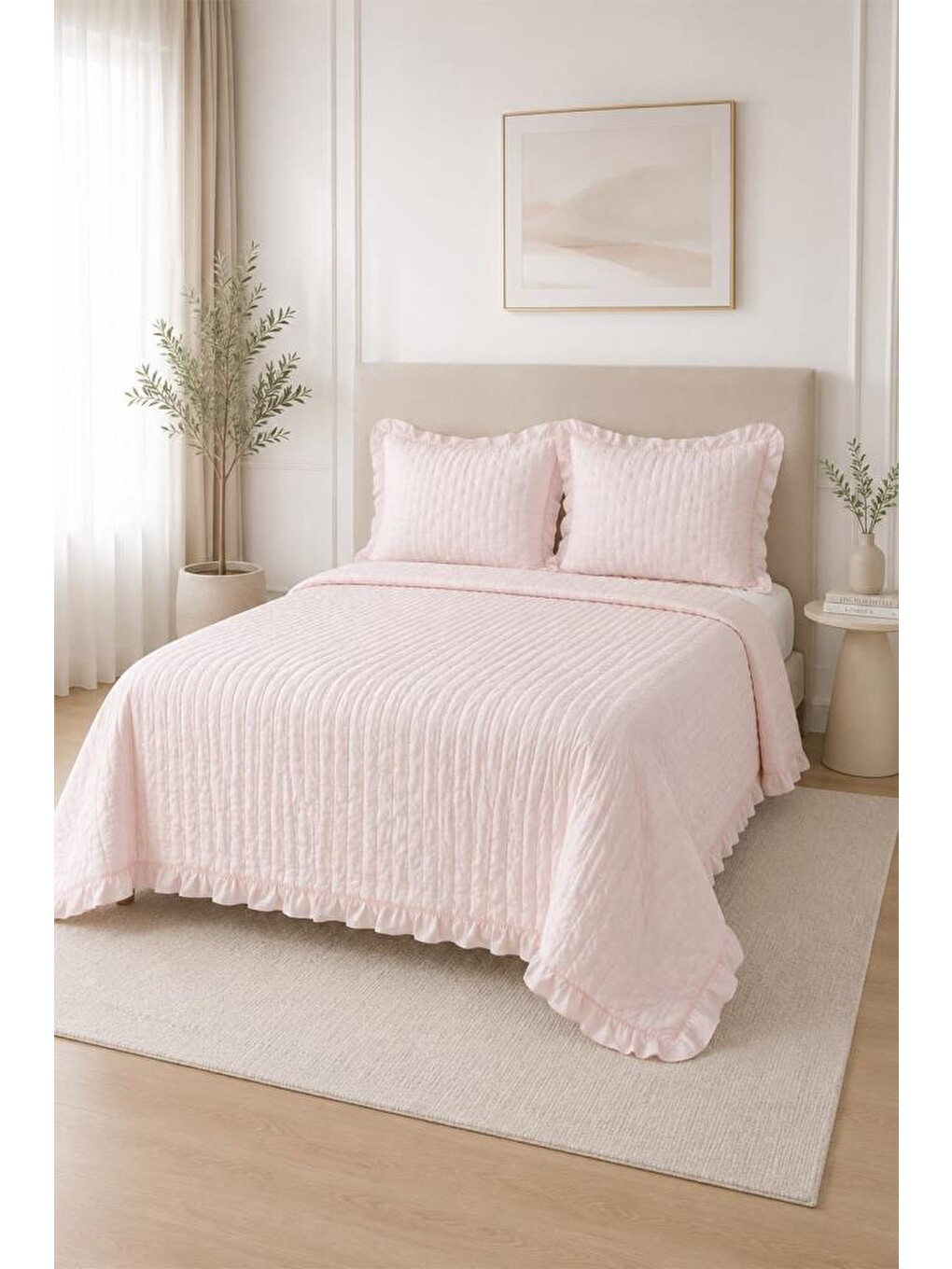 Pembe Maja Çift Taraflı Elyaf Dolgulu Çift Kişilik 240x260 Cm Yatak Örtüsü Pudra