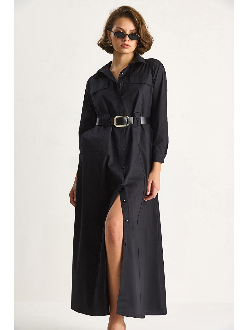 Siyah Kadın Düğme Kapamalı Cep Detaylı Kemerli Gömlek Elbise-4