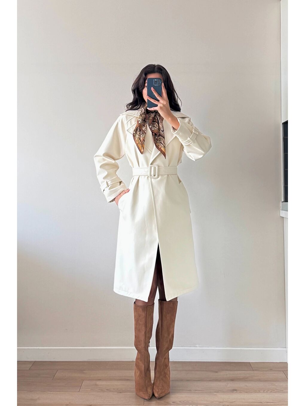 Kadın Ekru Deri Trenç 1041-6056-1