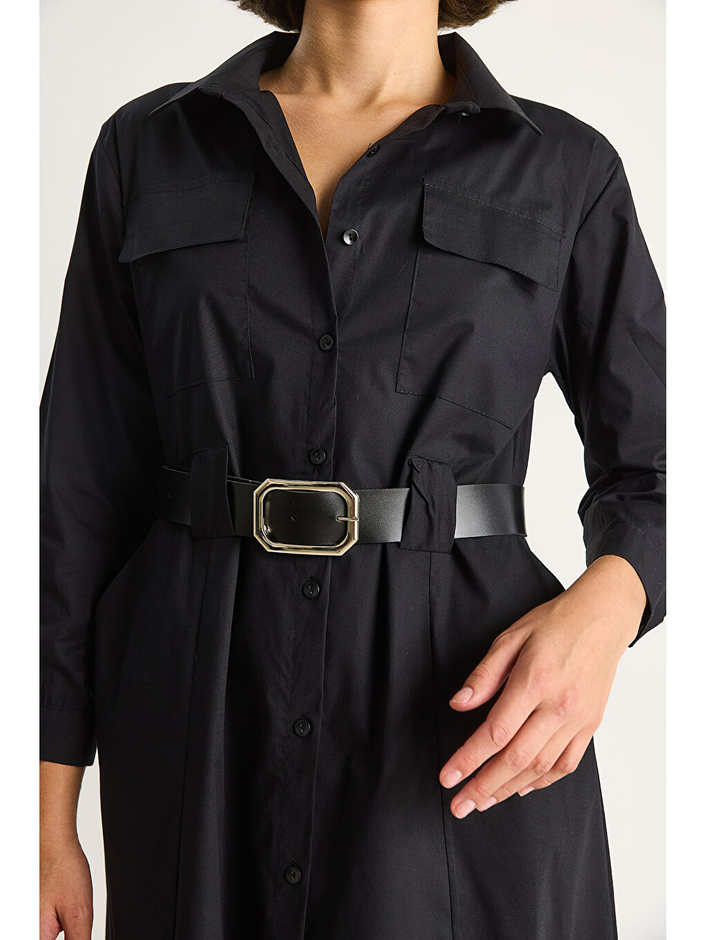Siyah Kadın Düğme Kapamalı Cep Detaylı Kemerli Gömlek Elbise-5