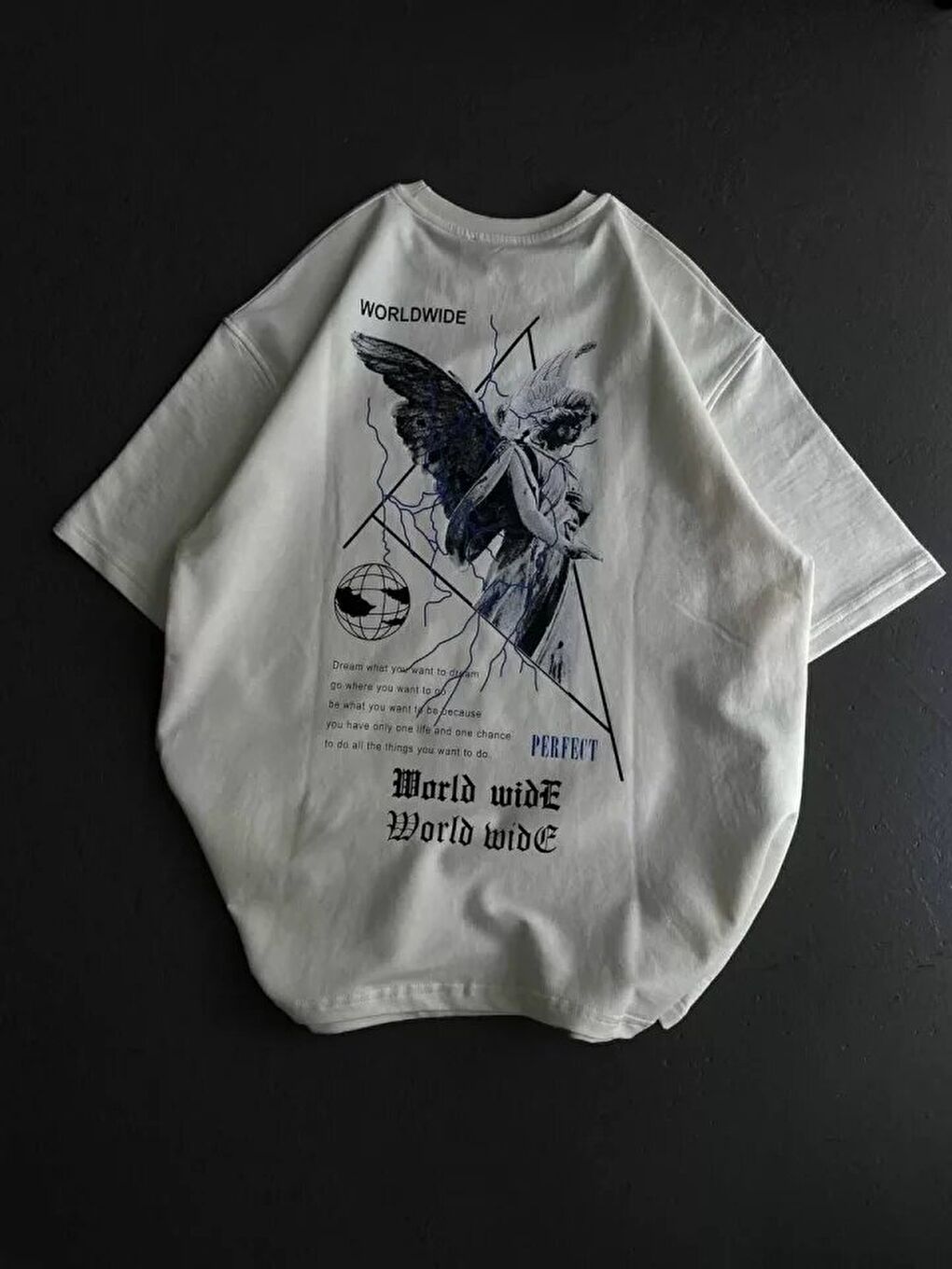 Unisex Bisiklet Yaka Baskılı Oversize T-Shirt - Beyaz-1