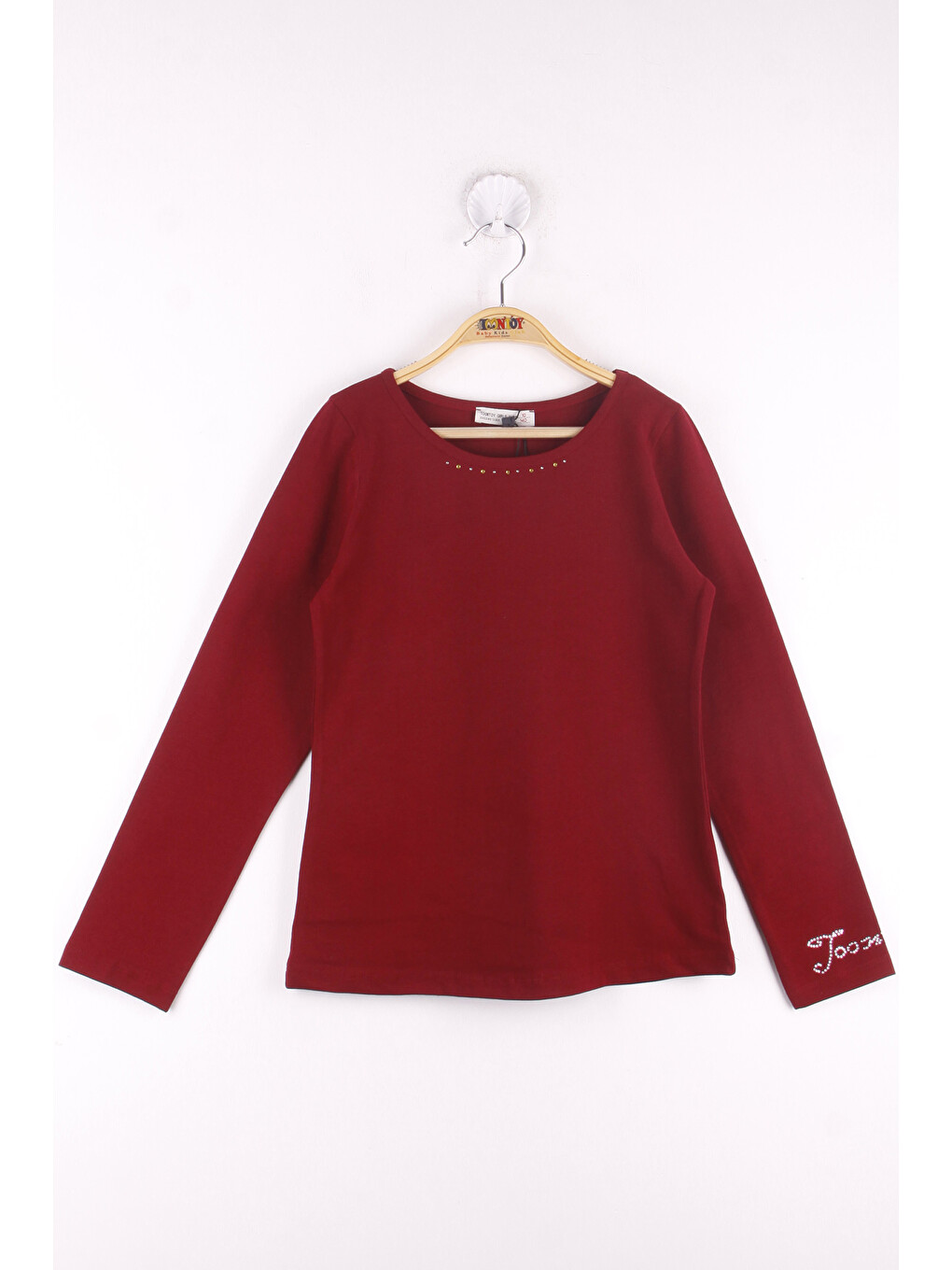Bordo Kız Çocuk Kolları Ve Yakası Taş İşlemeli Tişört