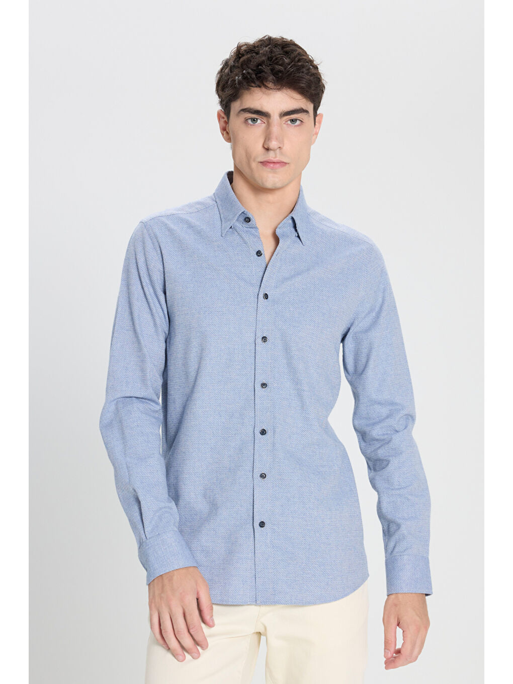 Erkek Mavi Slim Fit Dar Kesim Klasik Yaka Flanel Gömlek-2