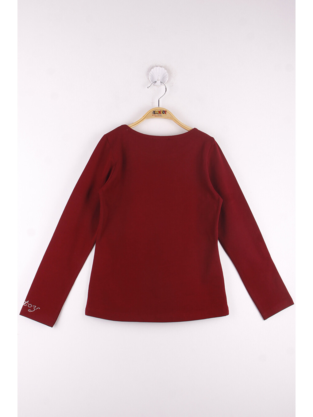 Bordo Kız Çocuk Kolları Ve Yakası Taş İşlemeli Tişört-1