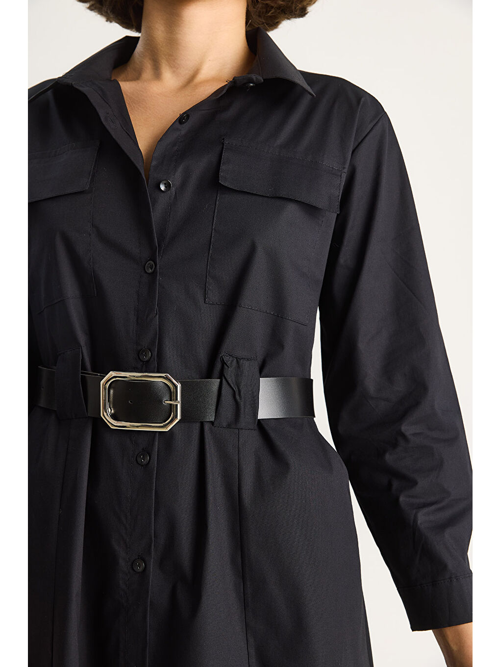 Siyah Kadın Düğme Kapamalı Cep Detaylı Kemerli Gömlek Elbise-6