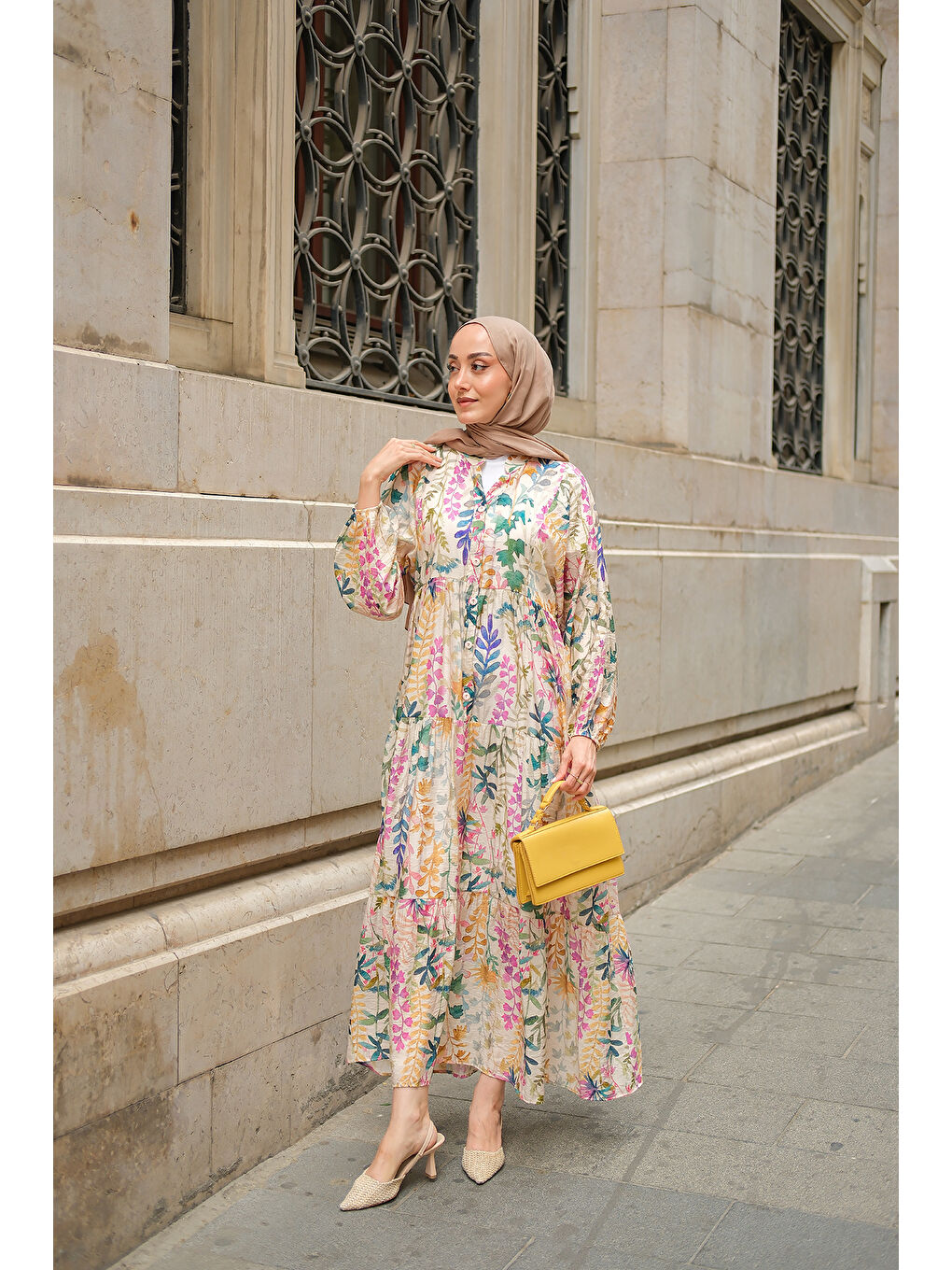 Ekru Kadın Yaprak Desenli Elbise Krem-2