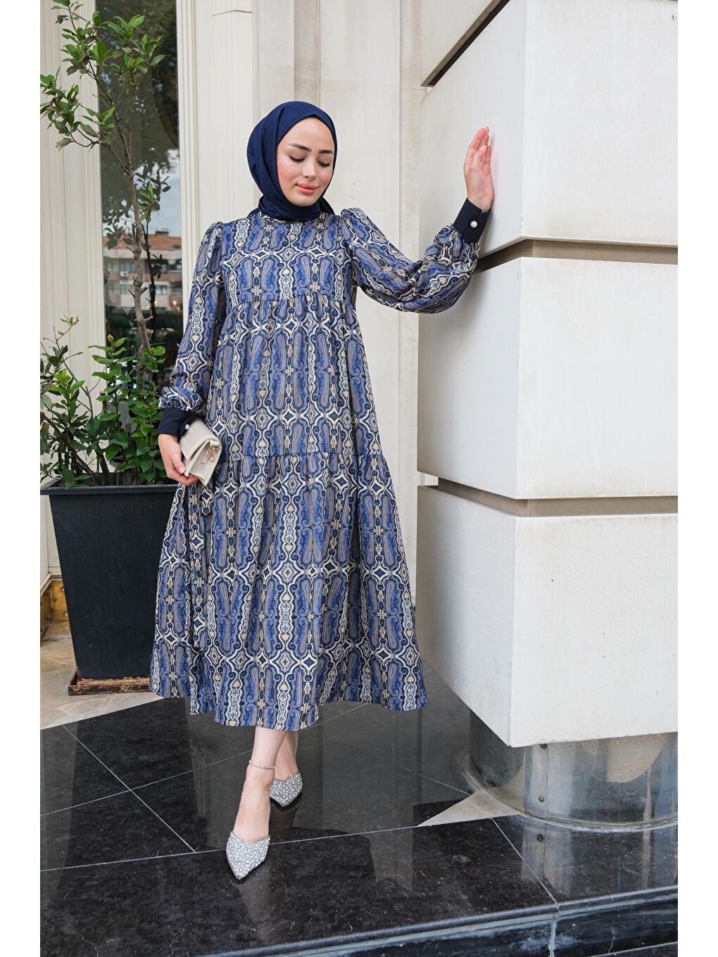 Karışık Desen Elbise Siyah