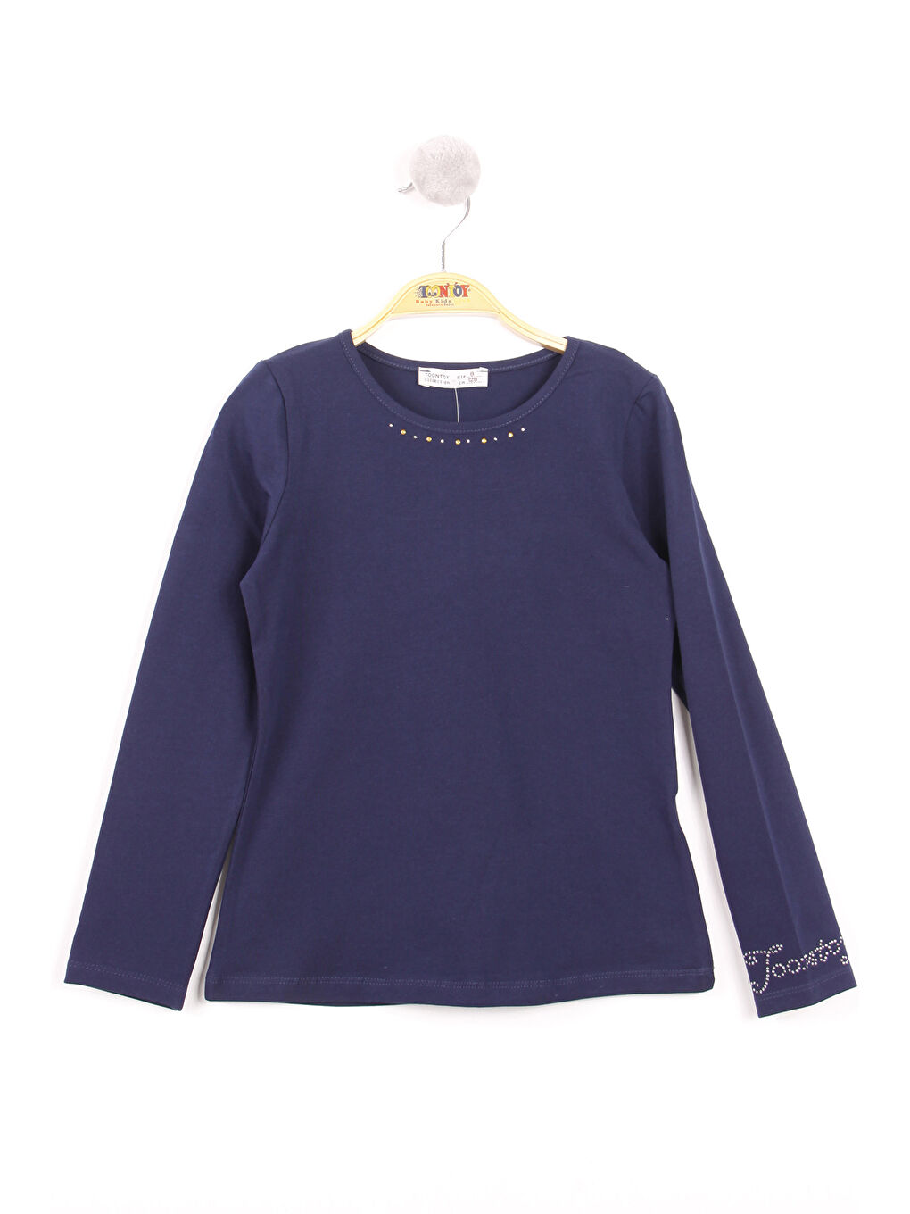 Lacivert Kız Çocuk Kolları Ve Yakası Taş İşlemeli Tişört