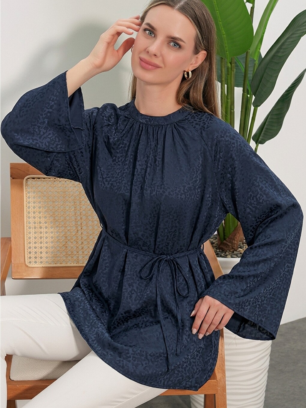 Kadın Çizgili Bağcıklı Oversize Tunik 50009 - Lacivert