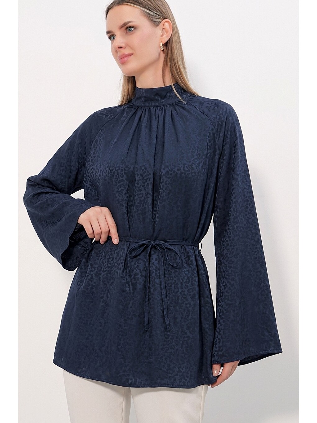 Kadın Çizgili Bağcıklı Oversize Tunik 50009 - Lacivert-1