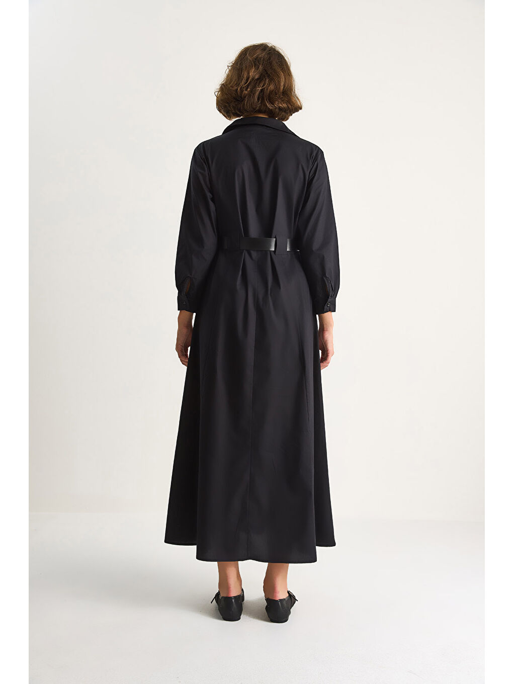 Siyah Kadın Düğme Kapamalı Cep Detaylı Kemerli Gömlek Elbise-7