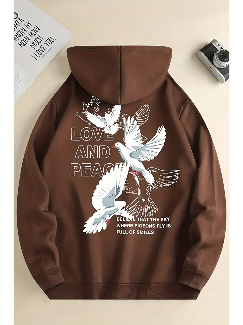 uyguntarz Açık Kahverengi Love and Peace Baskılı Oversize Sweatshirt