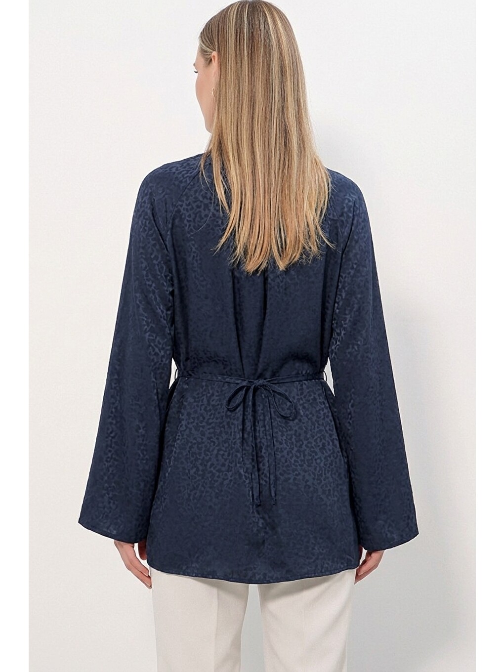 Kadın Çizgili Bağcıklı Oversize Tunik 50009 - Lacivert-2