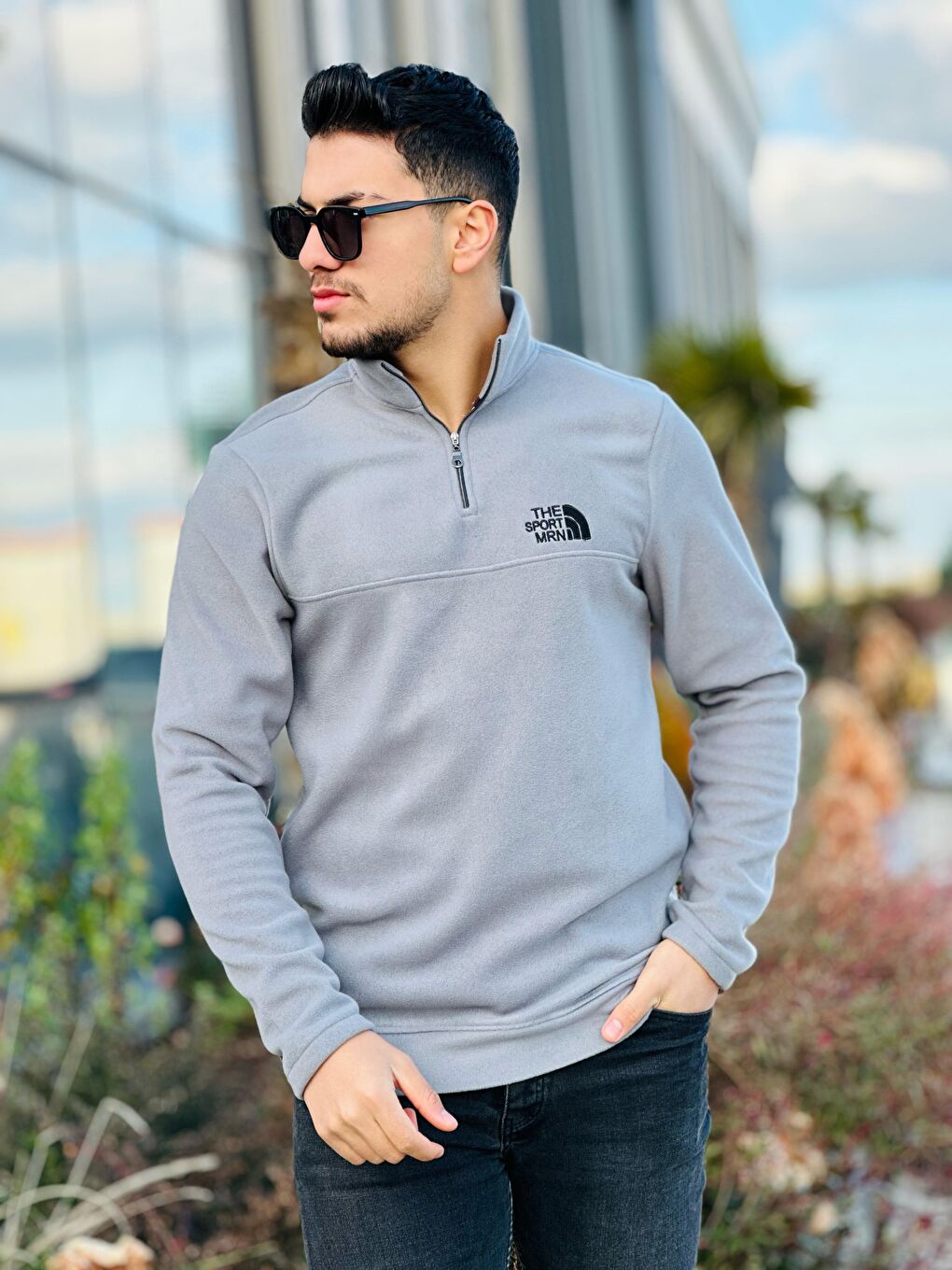 Miron Gri Unisex Nakışlı Dik Yaka Yarım Fermuarlı Polar Sweatshirt