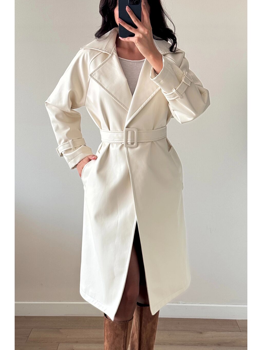 Kadın Ekru Deri Trenç 1041-6056-2