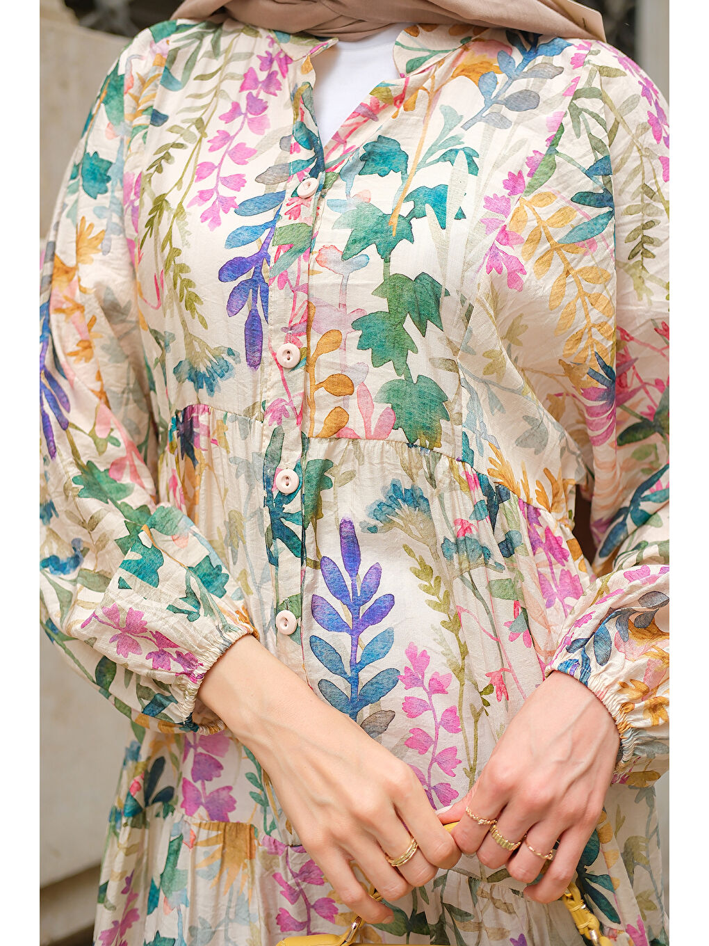 Ekru Kadın Yaprak Desenli Elbise Krem-3