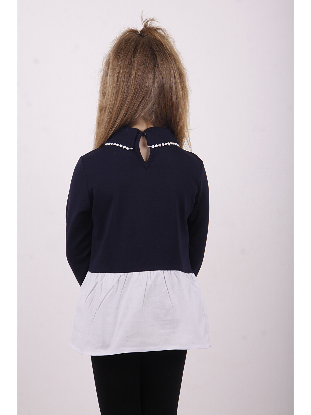 Lacivert Kız Çocuk Gömlek Detaylı Yakası Aksesuarlı Sweatshirt-1