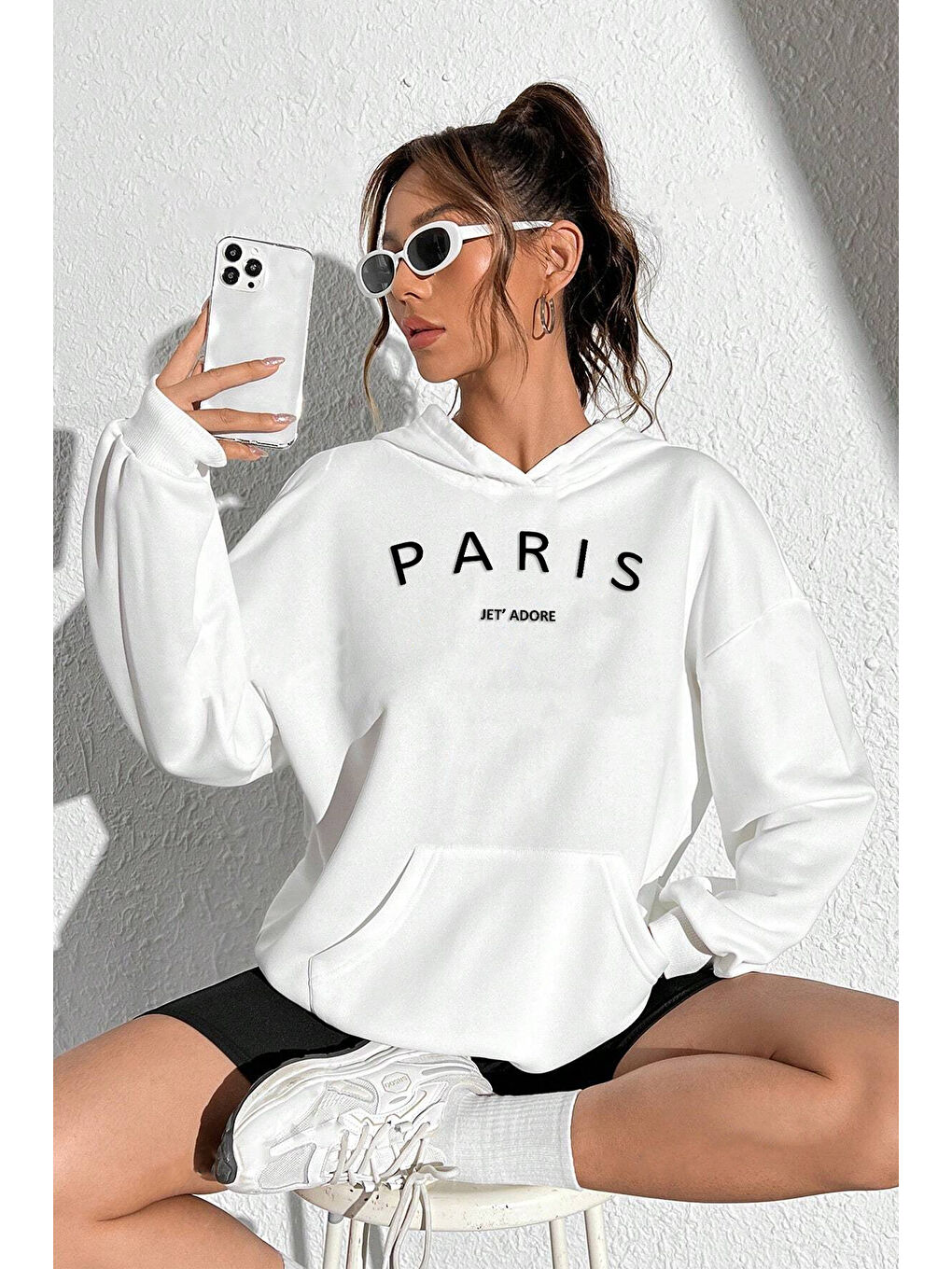 uyguntarz Beyaz Paris Baskılı Oversize Sweatshirt