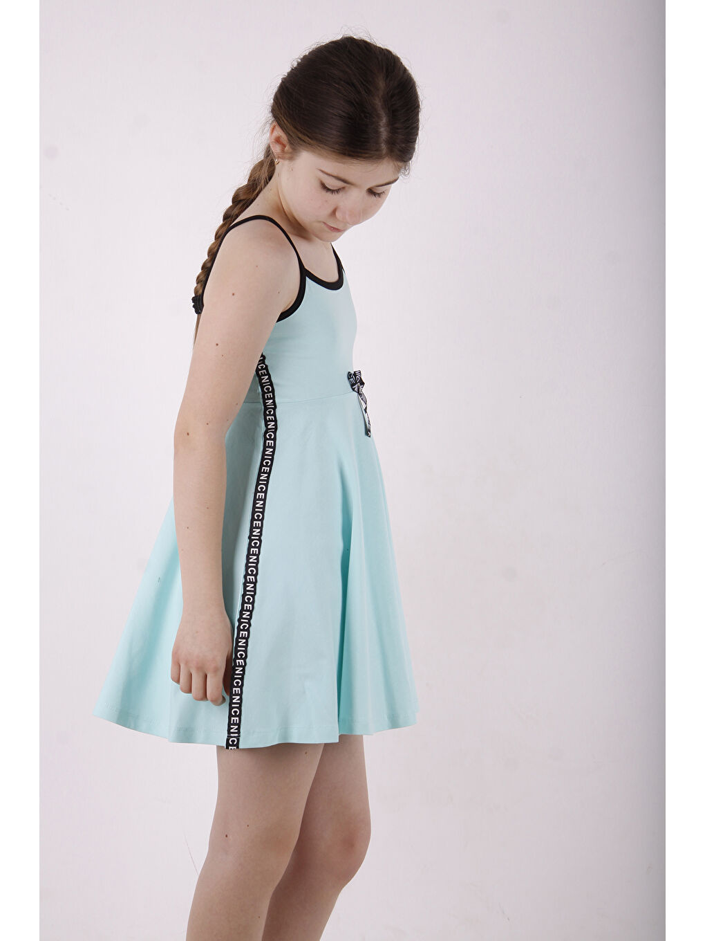 Turkuaz Kız Çocuk Nice Şeritli Elbise-4