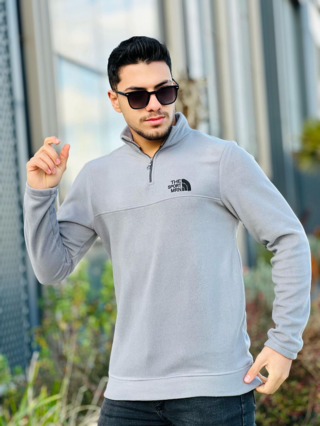 Miron Gri Unisex Nakışlı Dik Yaka Yarım Fermuarlı Polar Sweatshirt - 2