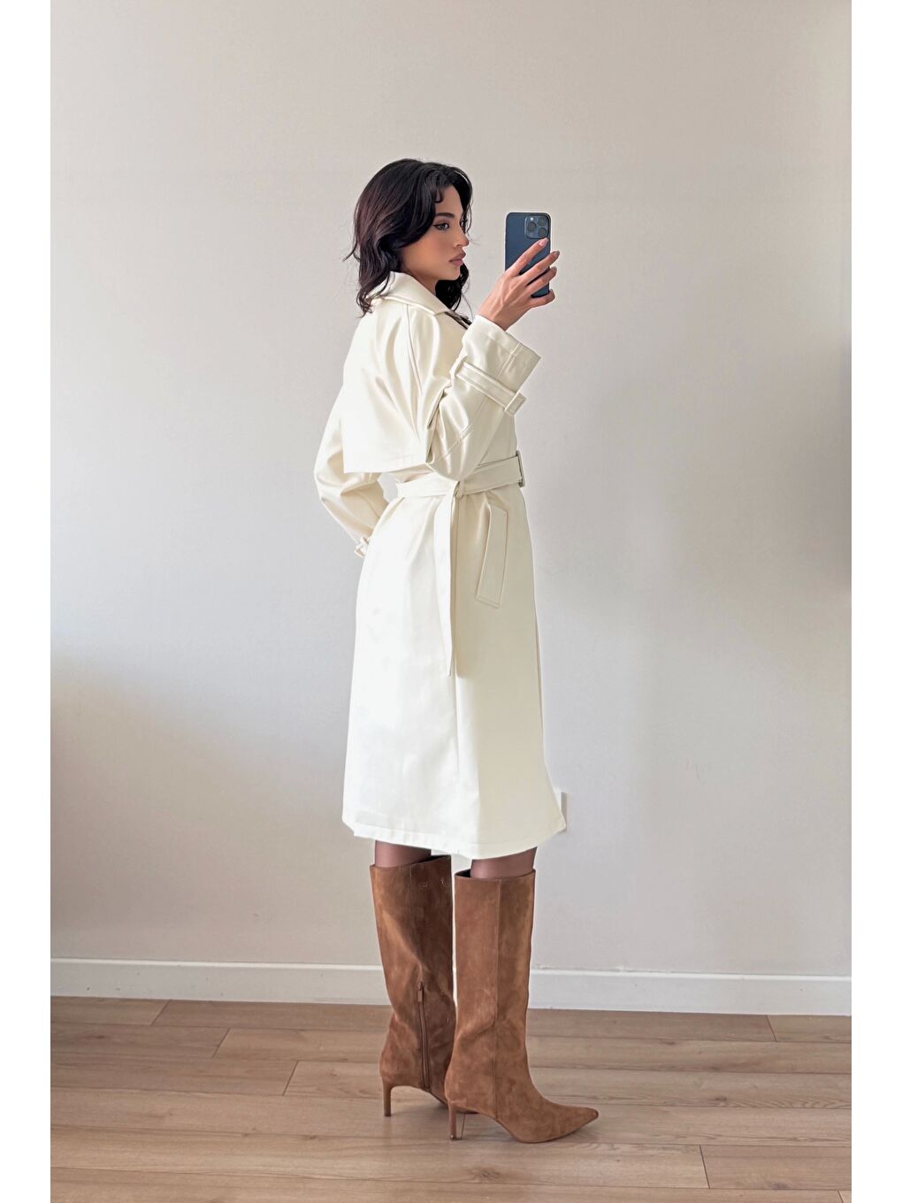 Kadın Ekru Deri Trenç 1041-6056-3