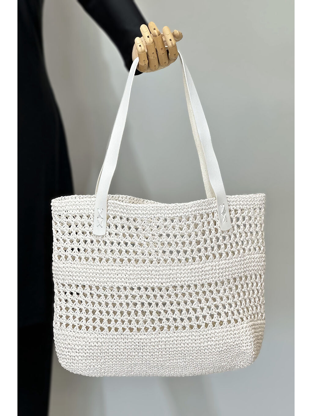 El Örgüsü Hasır Çanta Plaj Çantası 026 Ekru