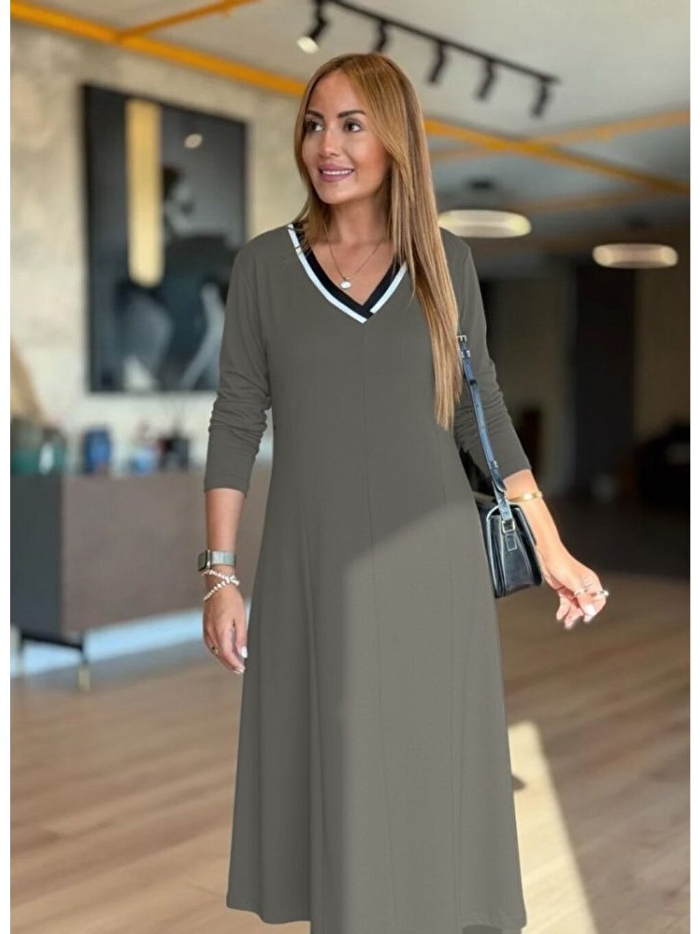 Kadın Uzun Kollu V Yakalı Midi çağla Yeşili Modal Elbise-1