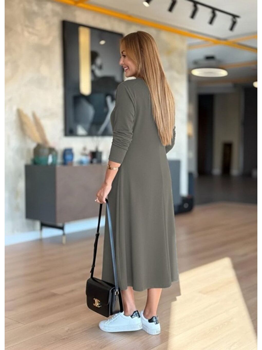 Kadın Uzun Kollu V Yakalı Midi çağla Yeşili Modal Elbise-2