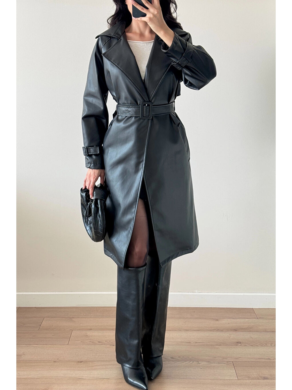 Kadın Siyah Deri Trenç 1041-6056-2