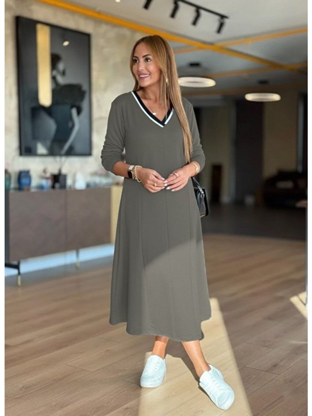 Kadın Uzun Kollu V Yakalı Midi çağla Yeşili Modal Elbise-4