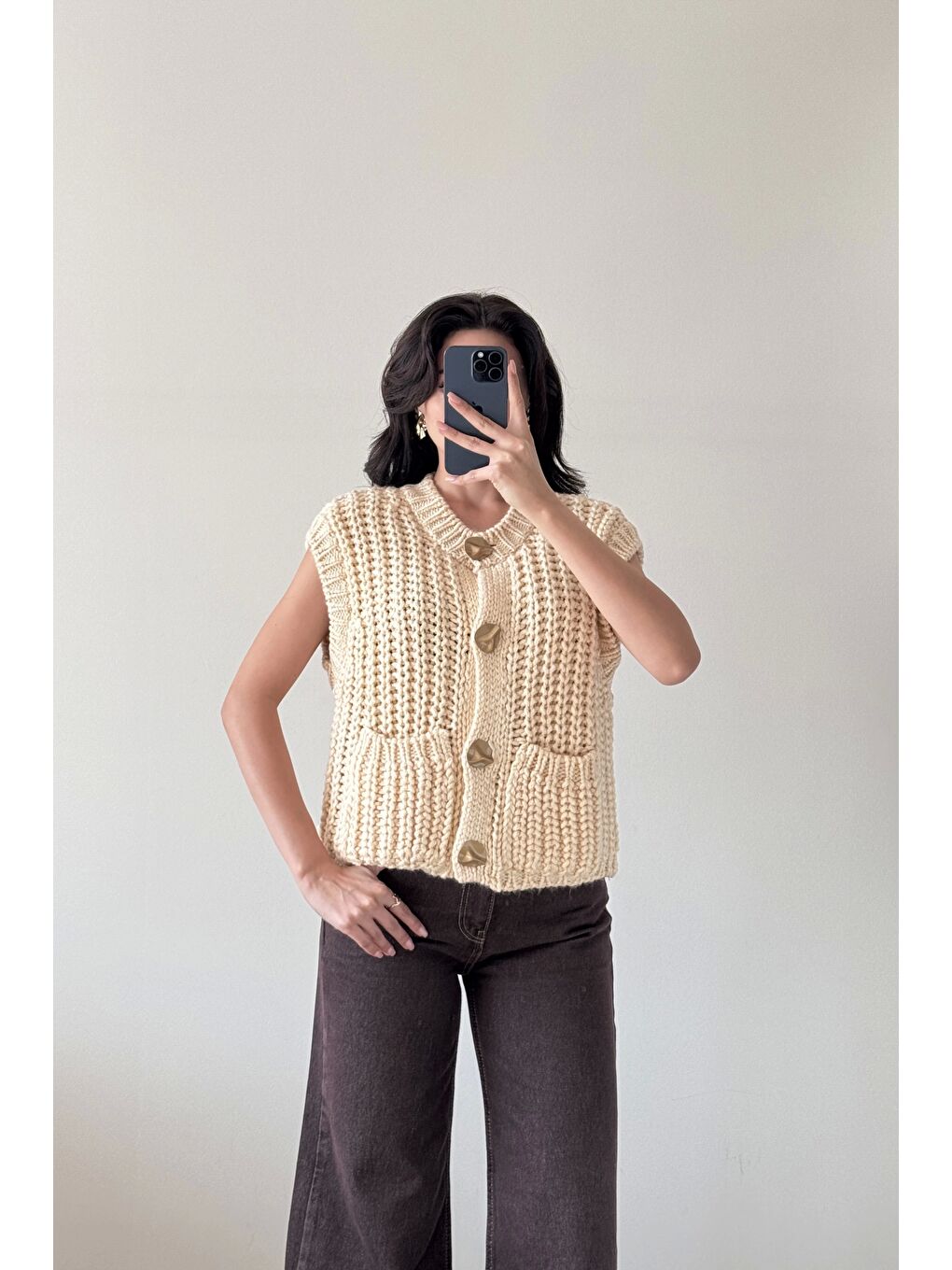 Ekru Kadın Krem Kalın Örgü Yelek 1014-2395-1