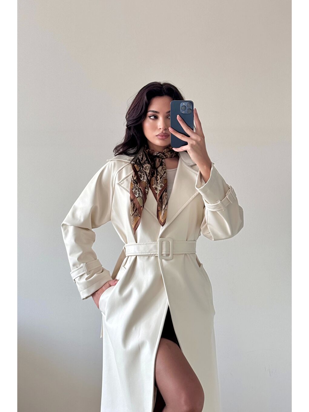 Kadın Ekru Deri Trenç 1041-6056-4