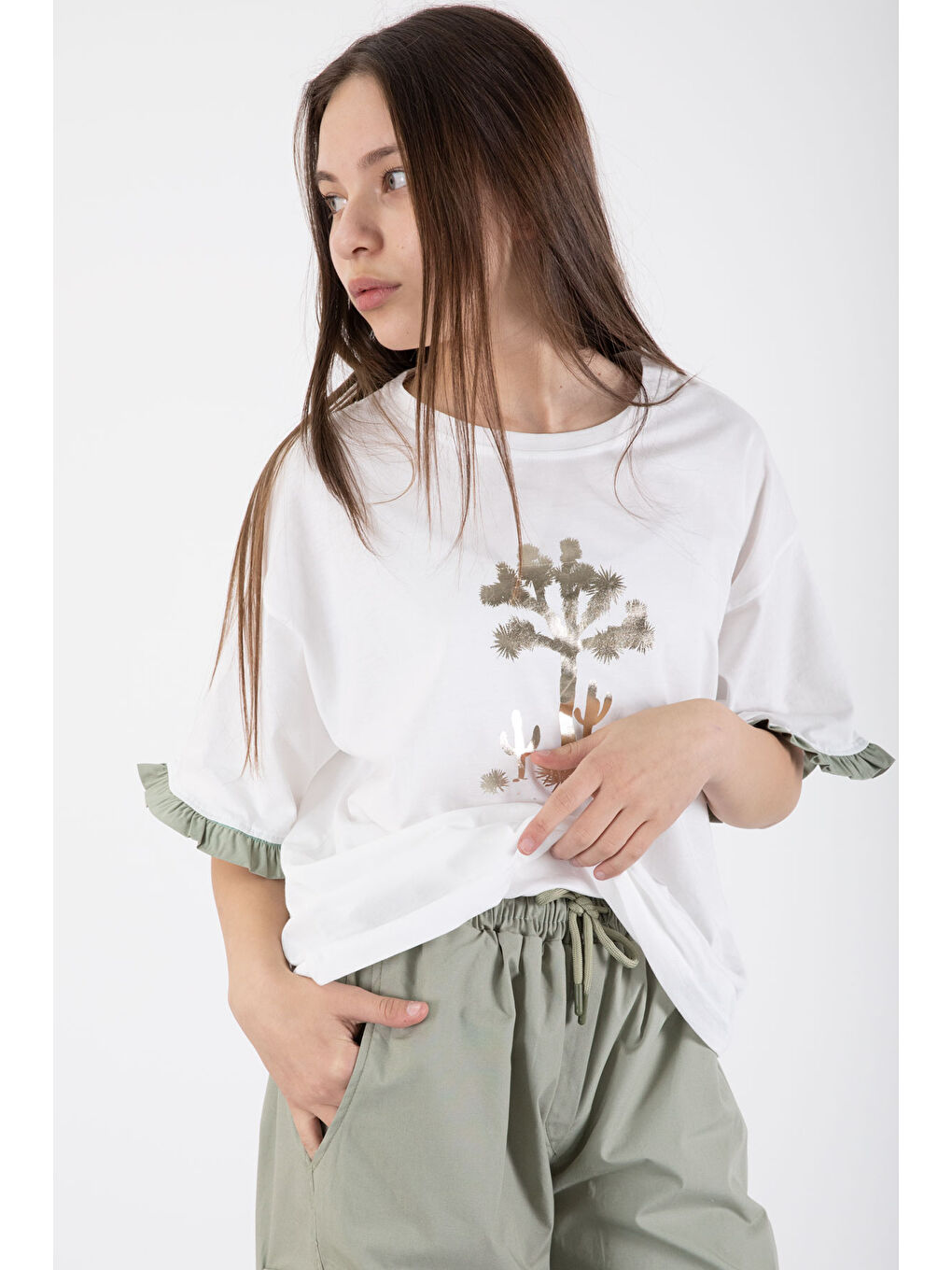 Haki Kız Çocuk Tişört ve Kargo Cepli Pantolonlu 2'li Takım 20395-1