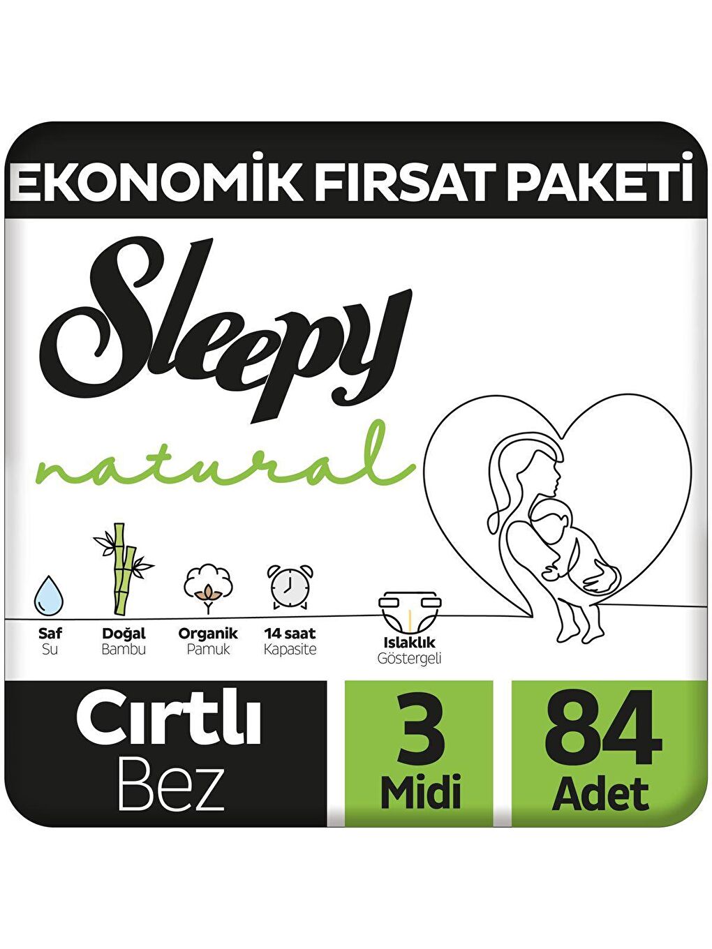 Sleepy Beyaz Tekli Paket Natural Ekonomik Fırsat Paketi Bebek Bezi 3 Numara Midi 84 Adet