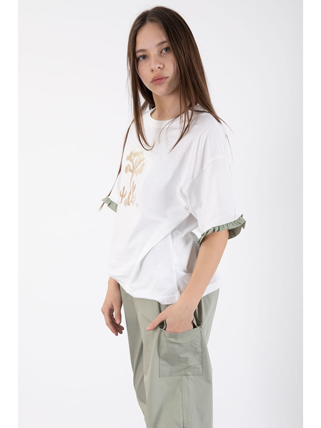 Haki Kız Çocuk Tişört ve Kargo Cepli Pantolonlu 2'li Takım 20395-3