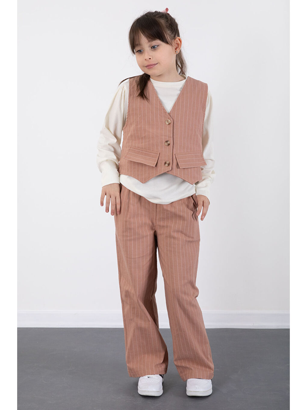 Kahverengi Kahve Çizgi Desenli Yelekli Geniş Paça Pantolonlu Kız Çocuk Badili 3lü Takım 20492