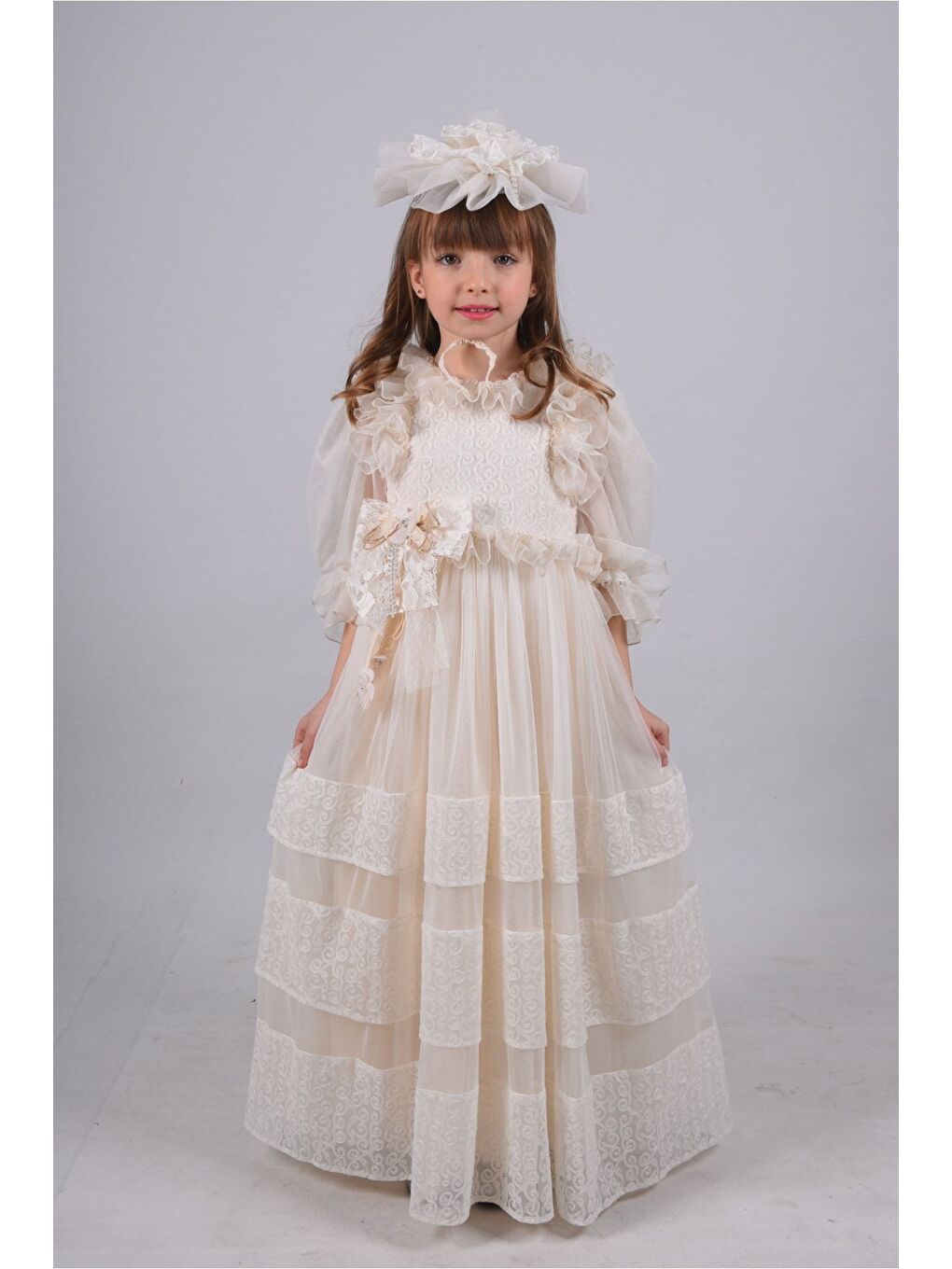Ekru Kız Çocuk Taç Dantel Detaylı Abiye Elbise