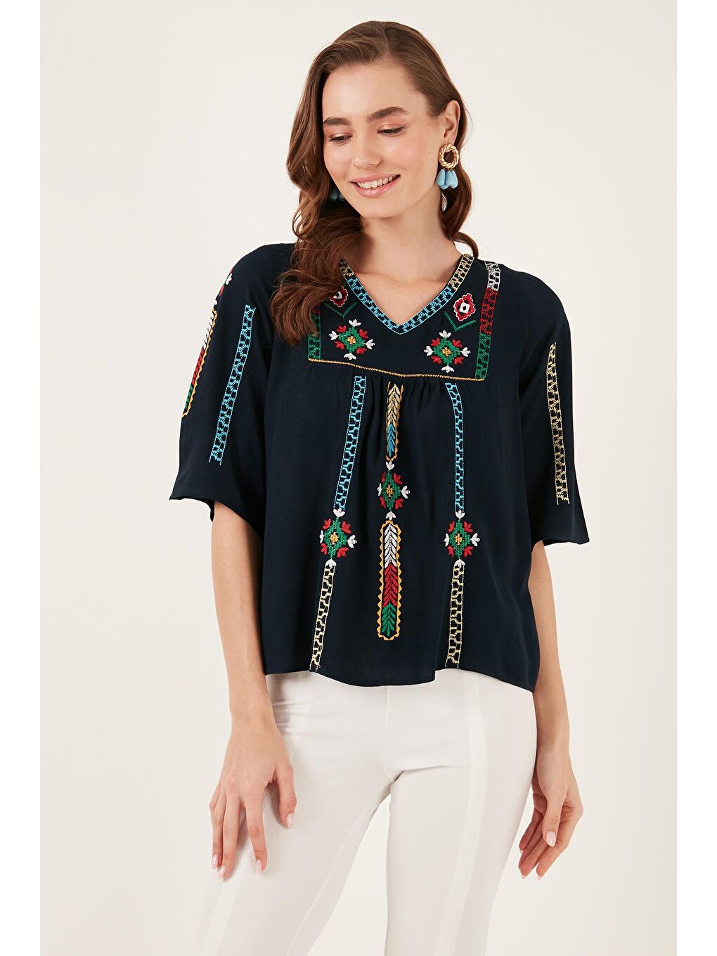 Lela Lacivert Pamuklu Regular Fit Nakış İşlemeli Bluz 611Bz0247 - 2