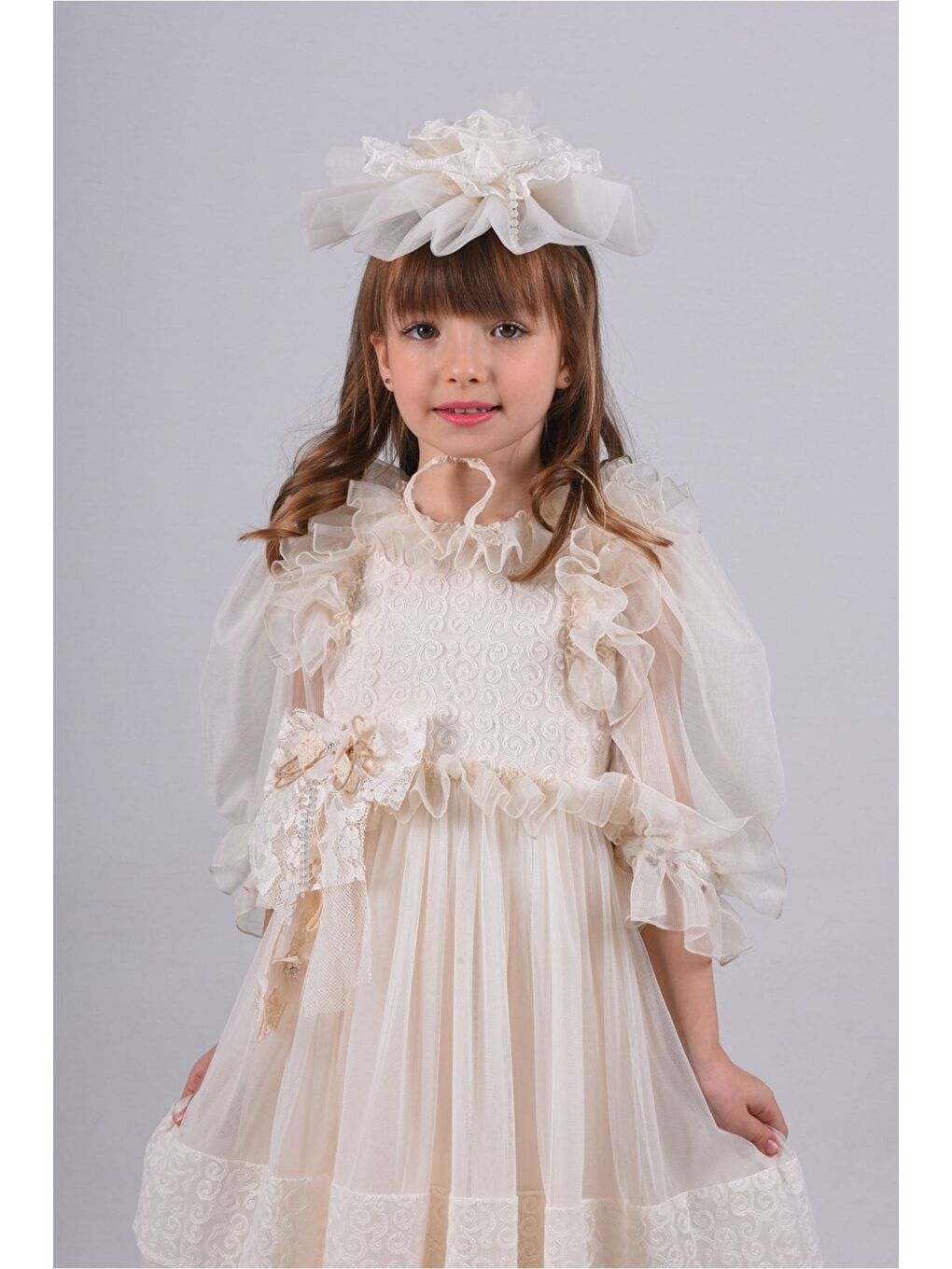 Ekru Kız Çocuk Taç Dantel Detaylı Abiye Elbise-1