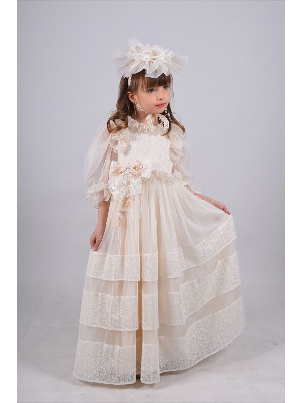 Ekru Kız Çocuk Taç Dantel Detaylı Abiye Elbise-2