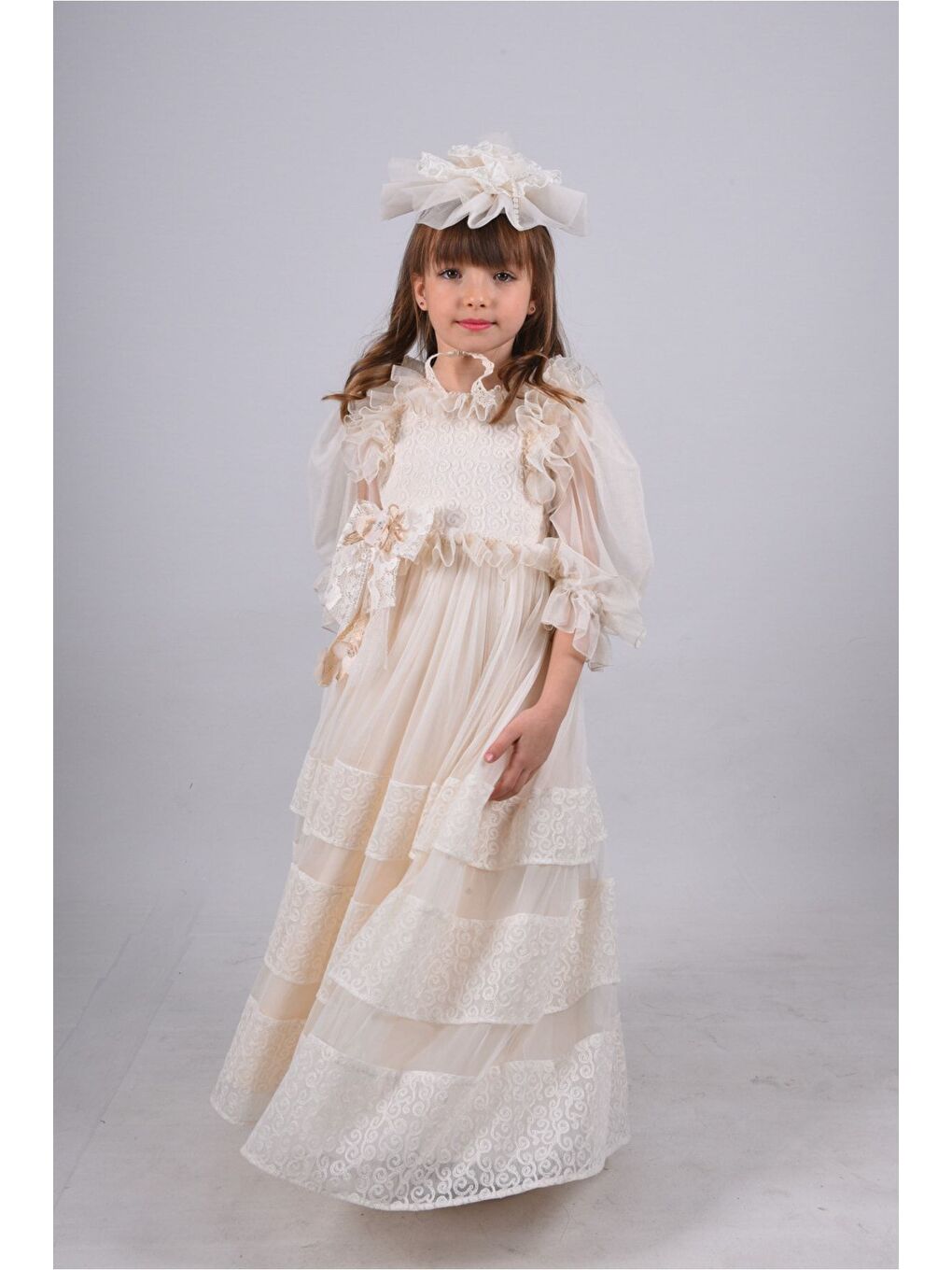 Ekru Kız Çocuk Taç Dantel Detaylı Abiye Elbise-3