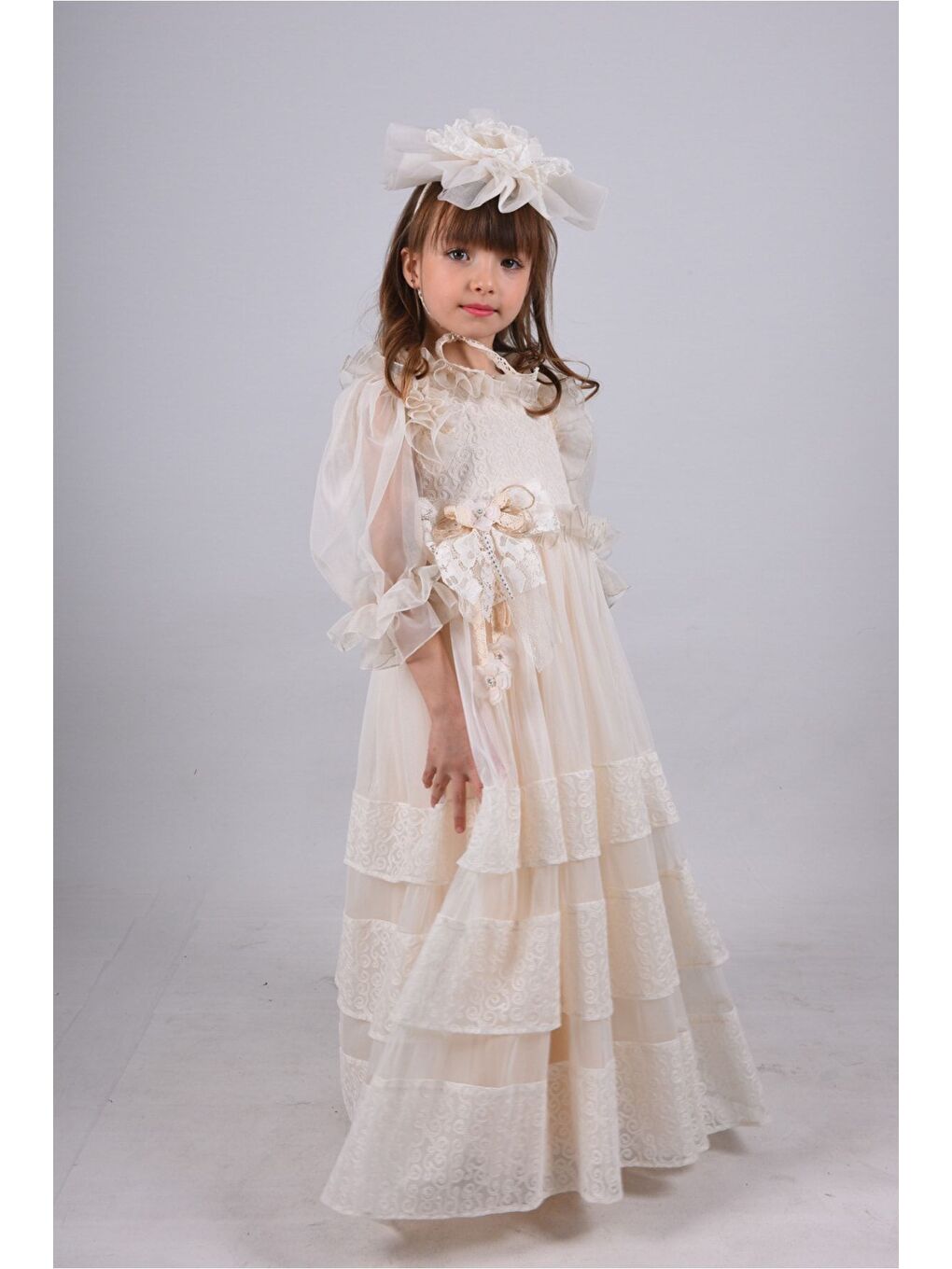 Ekru Kız Çocuk Taç Dantel Detaylı Abiye Elbise-4