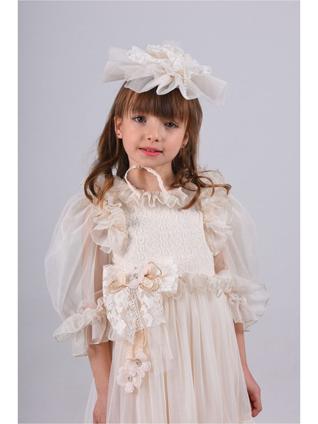 Ekru Kız Çocuk Taç Dantel Detaylı Abiye Elbise-7