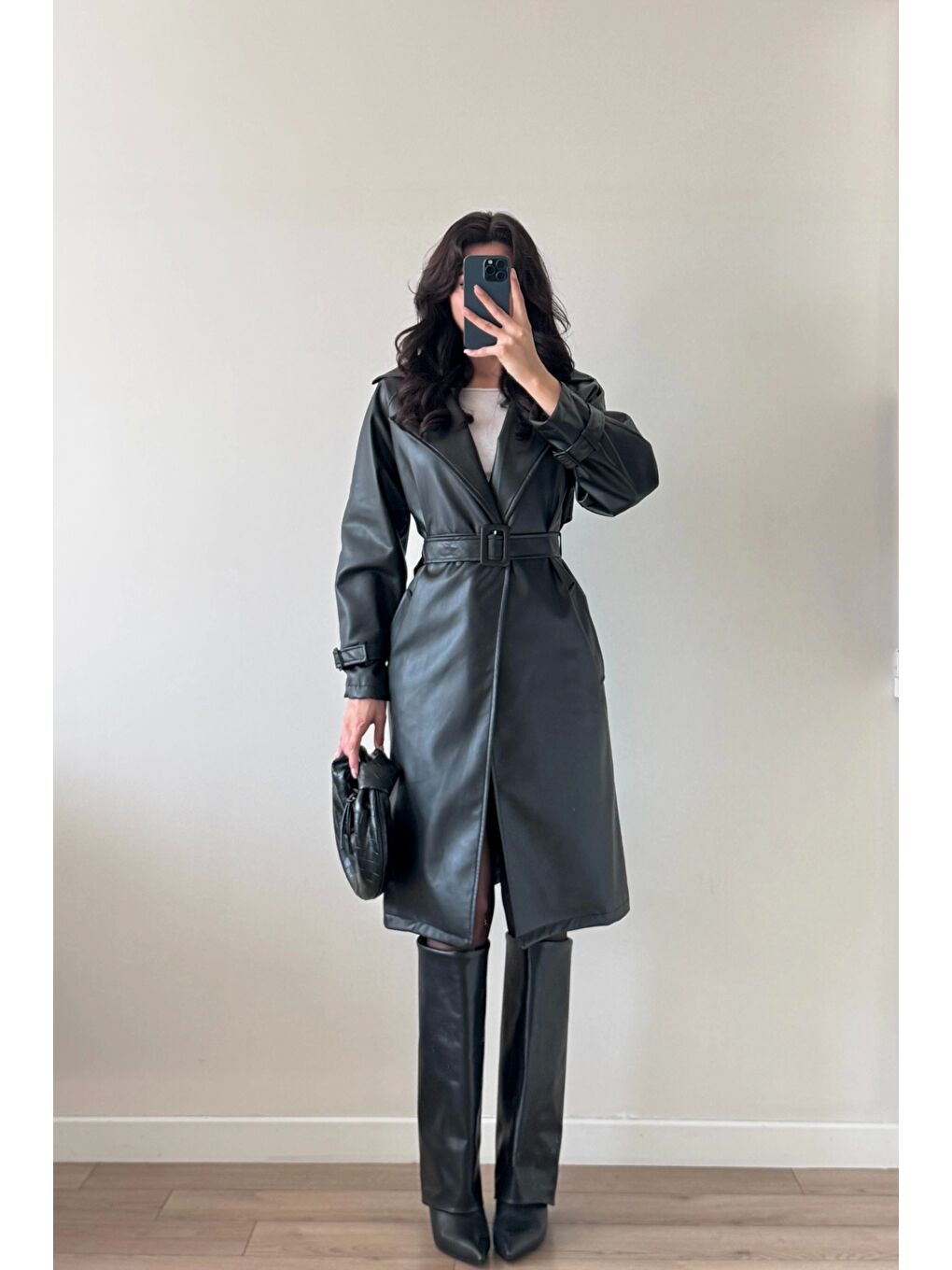 Kadın Siyah Deri Trenç 1041-6056-3