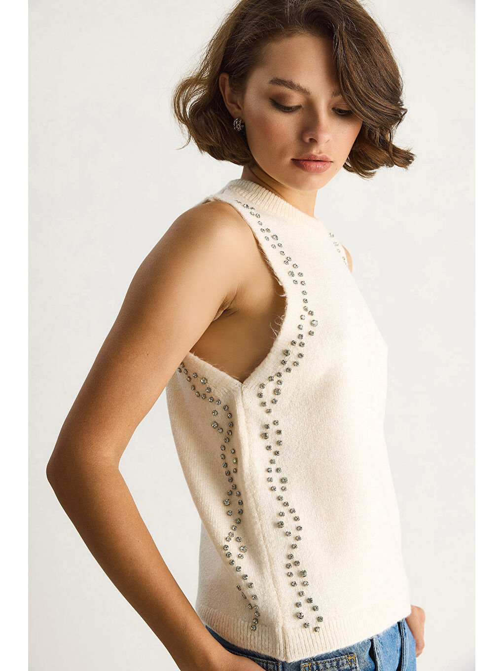 Ekru Kadın Taş İşlemeli Triko Bluz TA
