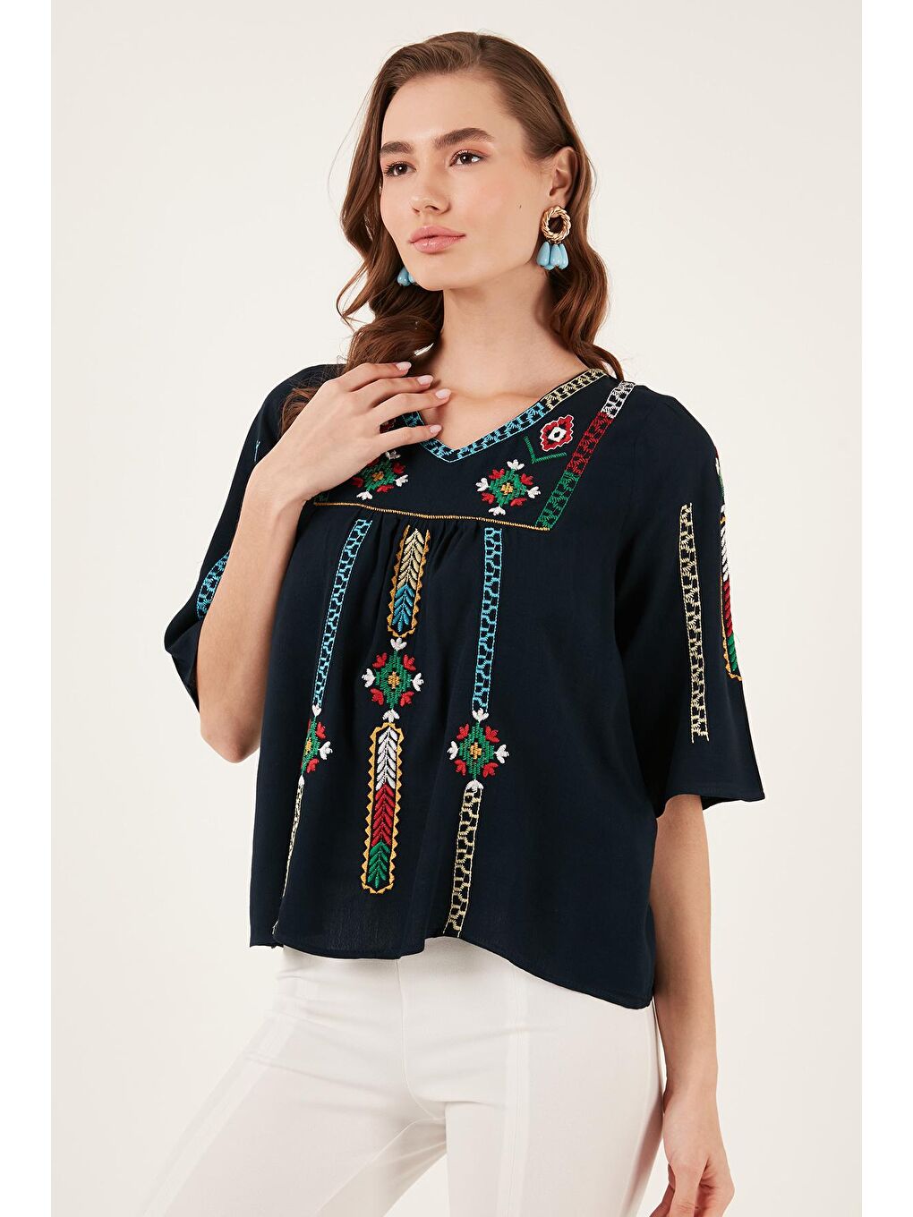 Lela Lacivert Pamuklu Regular Fit Nakış İşlemeli Bluz 611Bz0247 - 4